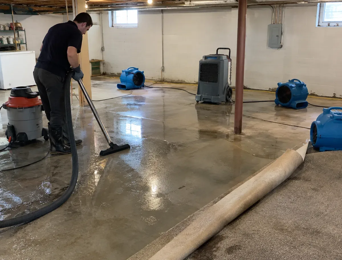 A technician drawing standing water off a basement floor with a wet vacuum while blue air movers and a dehumidifier run in the background.
