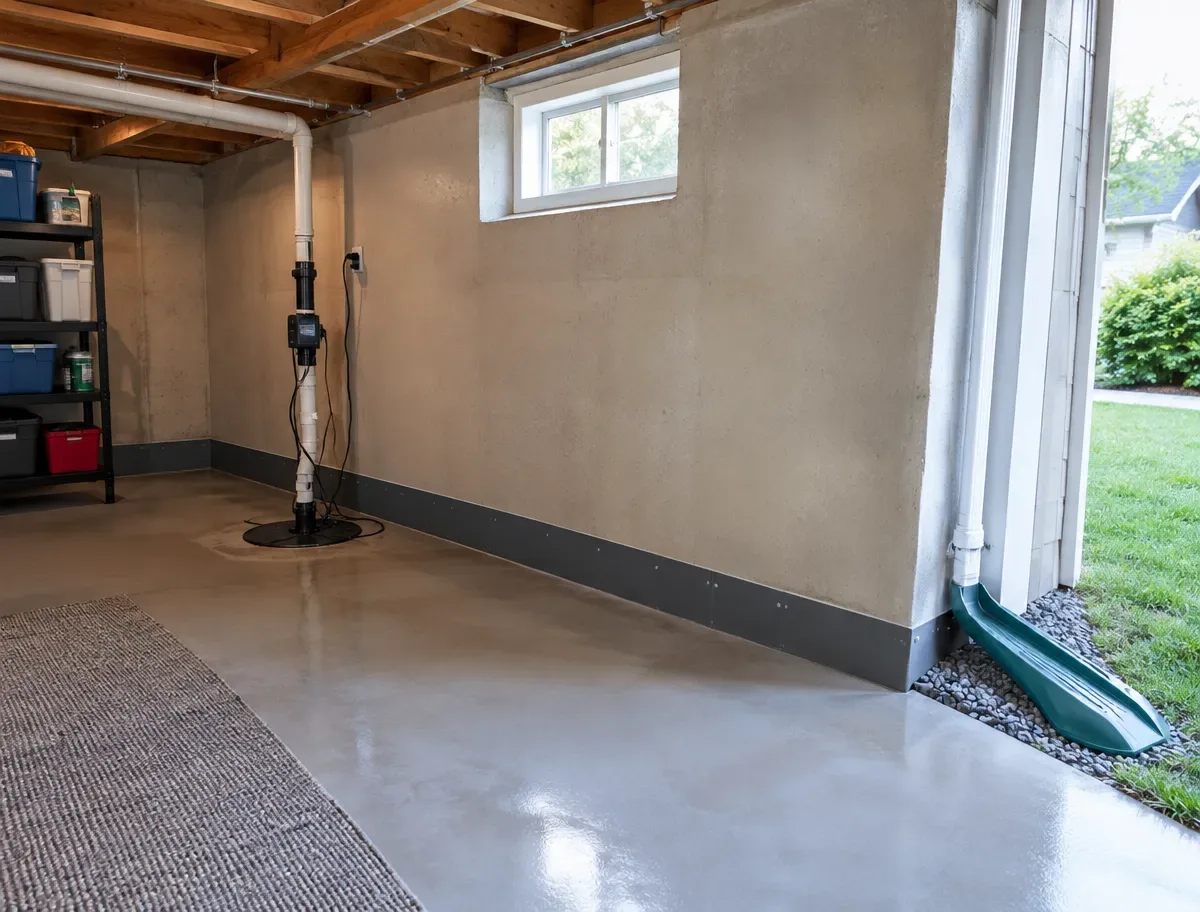 A clean, dry basement with a sump pump and its discharge pipe in the corner, alongside an exterior view of a downspout extension carrying water away from the foundation.