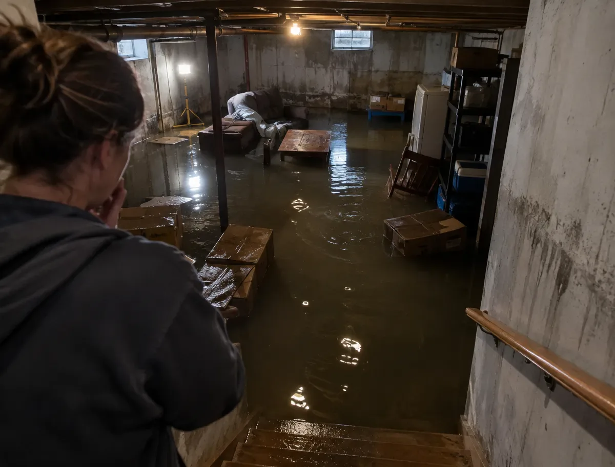 A homeowner standing on the basement stairs looking down at several inches of standing water covering the floor, with soaked boxes and furniture in the water.