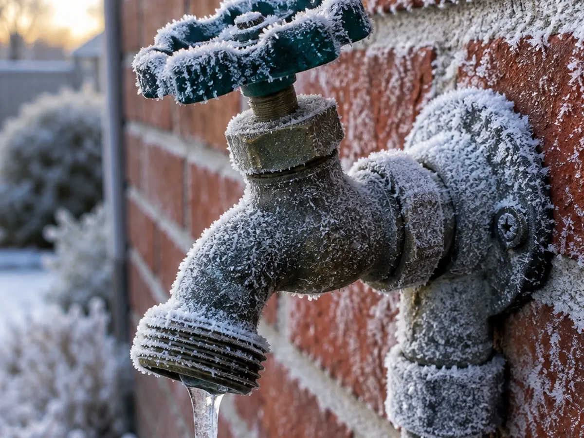 An outdoor hose bib caked in frost with an icicle hanging from its spout, mounted on a red brick wall on a freezing morning.