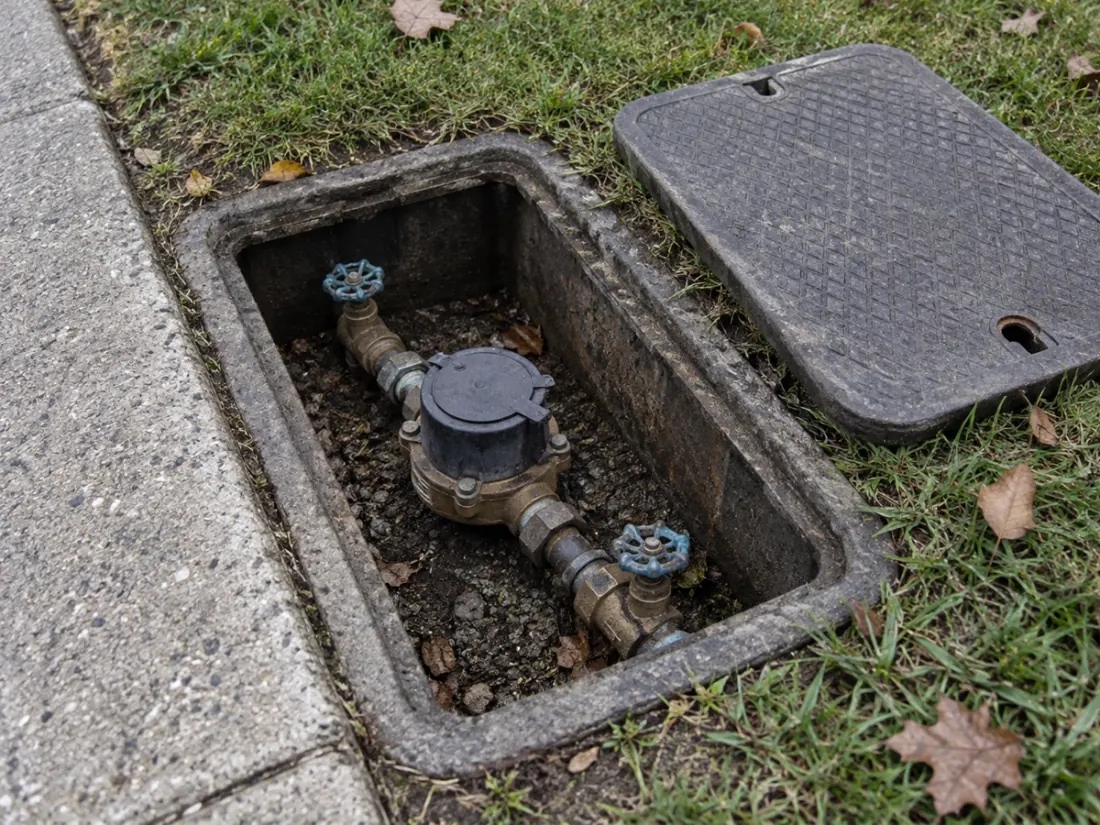 An open curb water meter box set into a sidewalk strip, showing the meter and its two shutoff valves with the lid lifted off beside it.