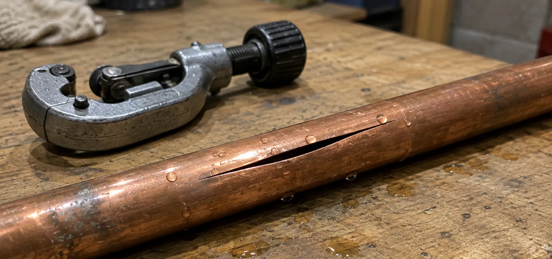 A length of copper water pipe split open along a frost-burst seam, lying beside a tubing cutter on a workbench with water beaded along the pipe.