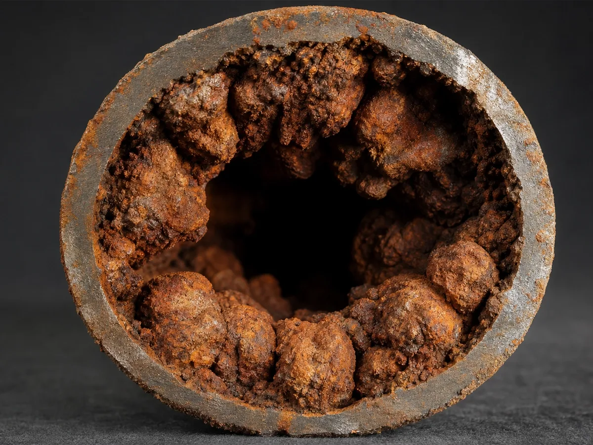 A cut section of cast iron sewer pipe viewed end-on, its interior wall built up with rust-colored tuberculation nodules that have narrowed the original bore to a small opening at the center.
