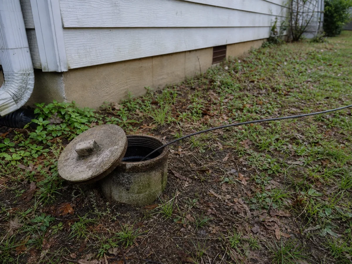 An open sewer cleanout beside a home's foundation with its concrete cap set aside and a camera push cable fed down into the pipe.