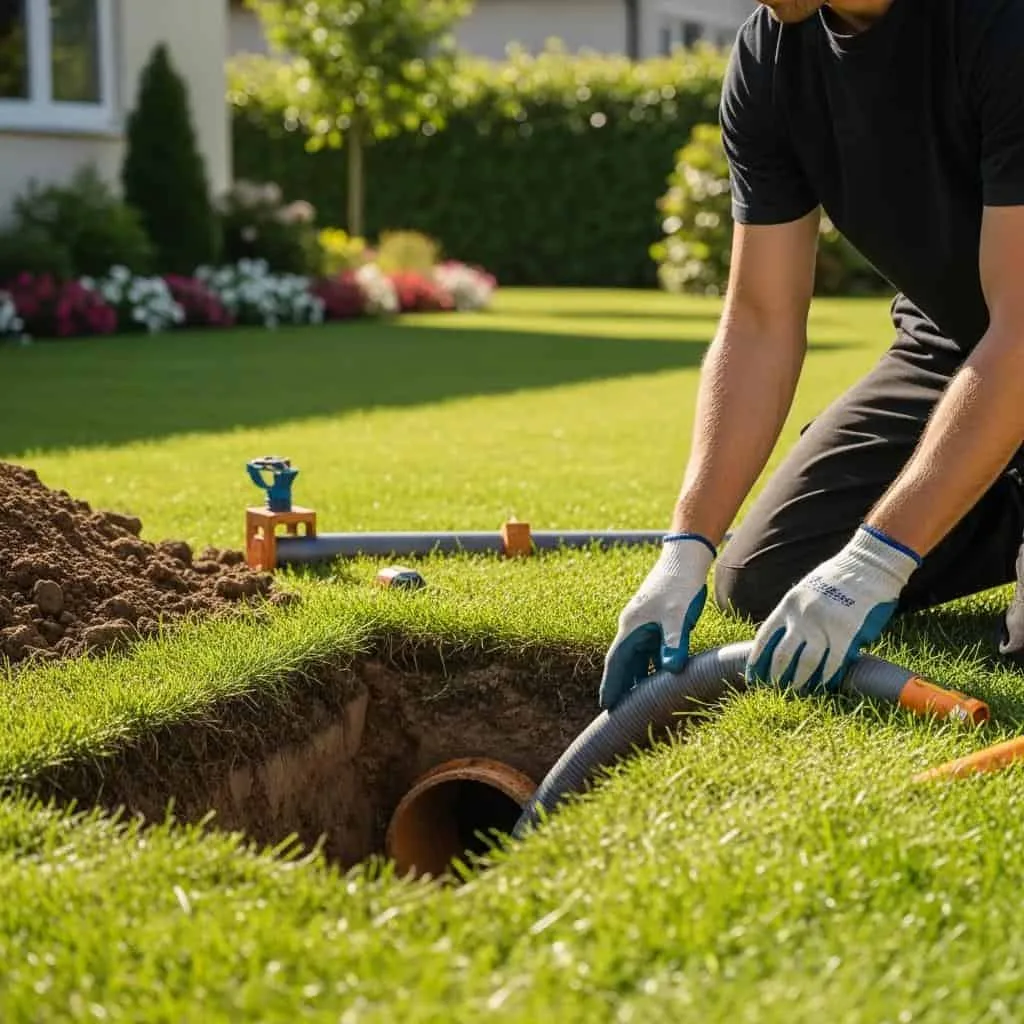 Prodigy Sewer and Drain shows safe and careful pipe installation for a home on a sunny day.