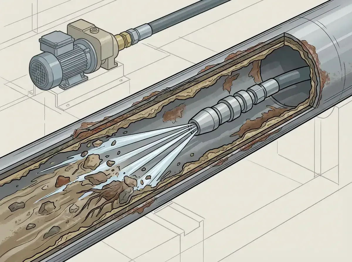 Prodigy Sewer and Drain shows how strong water jets clean out pipes by removing debris and buildup from inside.