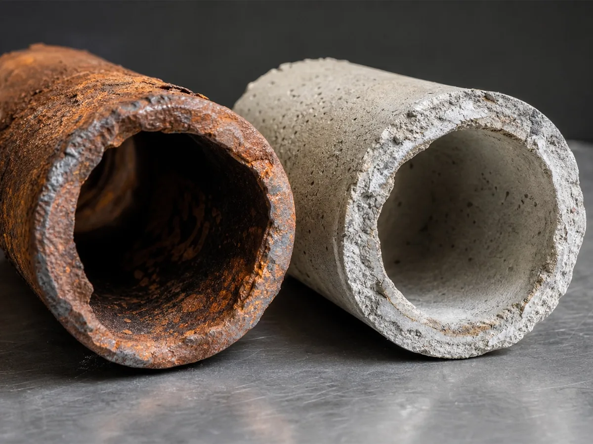 Two cut pipe sections side by side on a workbench: a heavily rusted metal line with a flaking orange interior, and a concrete line whose grey wall has been pitted and roughened by acid attack.