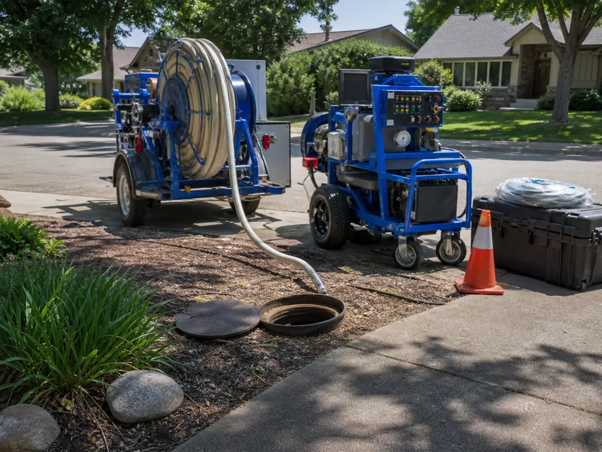 CIPP lining equipment set up in a residential driveway, with a hose reel trailer and curing unit feeding a liner into an open sewer cleanout.