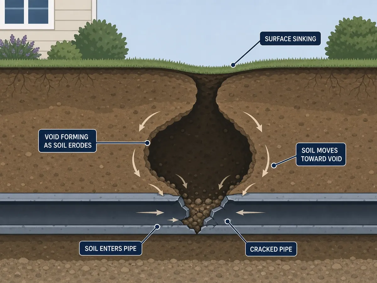 A cross-section diagram showing how a cracked sewer pipe lets soil wash in, forming a void that erodes upward until the lawn surface above begins to sink.