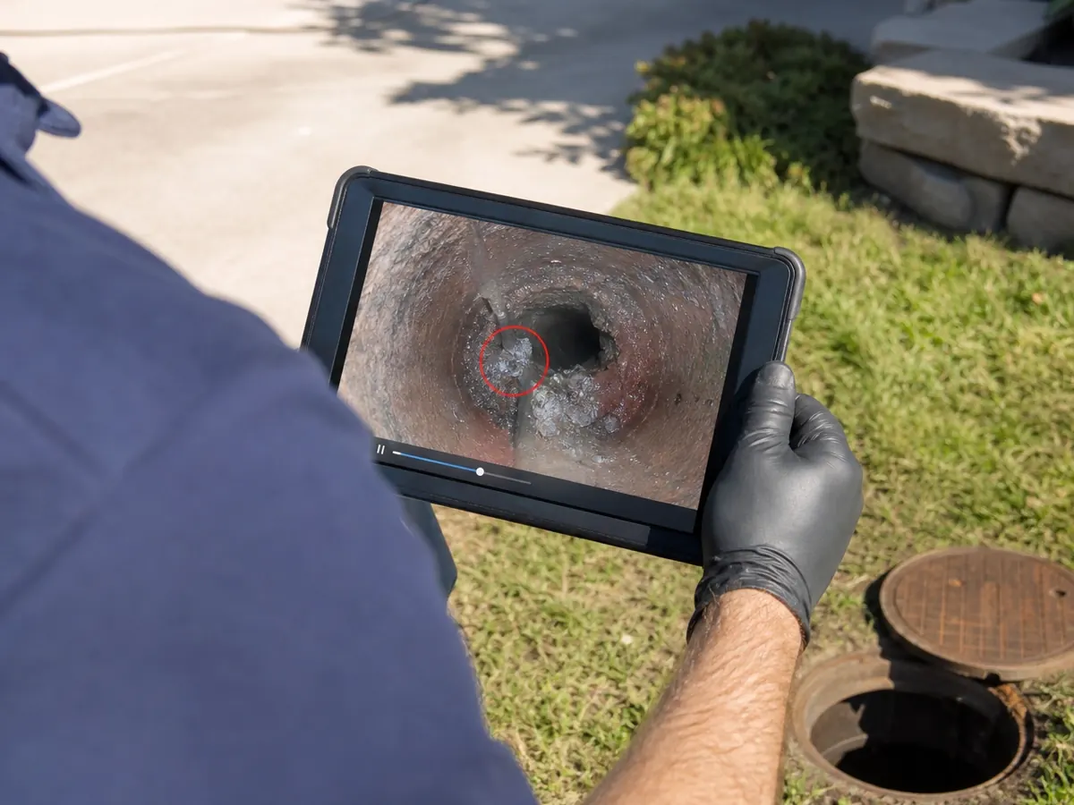 A technician in gloves reviewing sewer camera footage on a tablet beside an open cleanout in a lawn, with the crack in the pipe wall circled on screen.