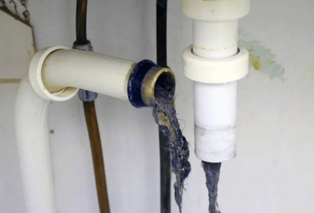 A pipe under a sink is clogged with messy debris and needs cleaning. Prodigy Sewer and Drain can help fix clogged pipes.