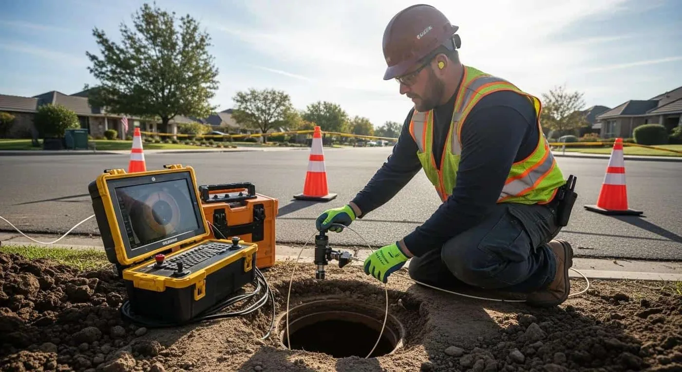Prodigy Sewer and Drain worker uses tools to check a manhole, showing safe and careful work in a neighborhood.