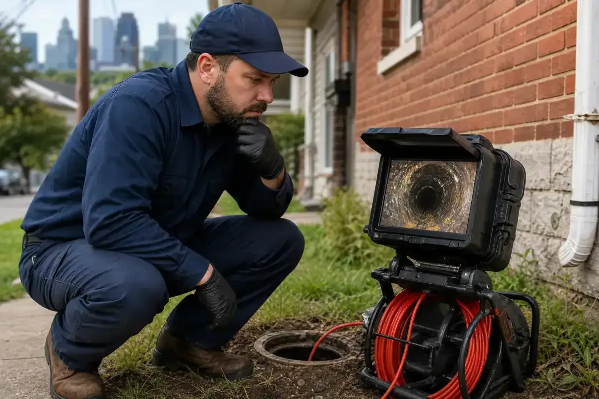 A Prodigy Sewer and Drain worker checks a pipe with a video monitor to find the cause of an outdoor drain problem.