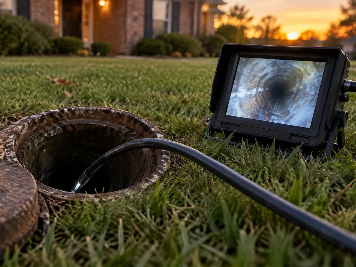 An open sewer cleanout in a front lawn at dusk with a camera cable fed into it and the inspection monitor on the grass showing the inside of the pipe.