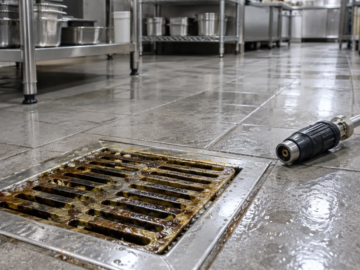 A grease-caked floor drain grate in a commercial kitchen with a hydro jetting nozzle resting on the wet tile beside it.