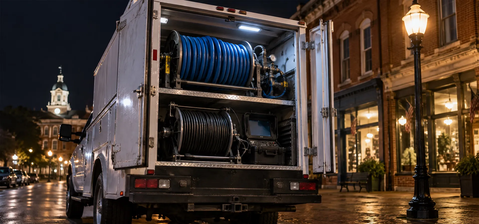 An emergency service truck parked on a wet downtown Franklin street at night with its rear doors open, showing a blue hydro jet reel above a black camera reel and monitor.