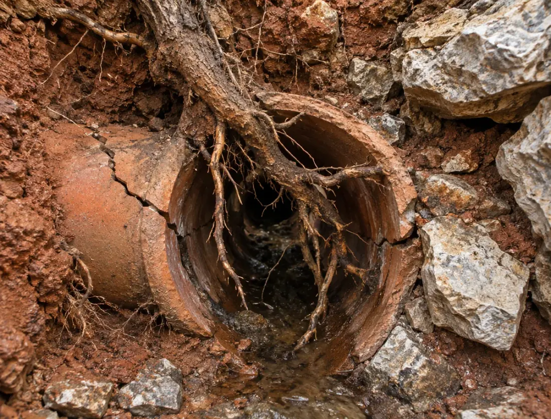 A cracked clay sewer pipe exposed in rocky red soil with tree roots pushing through the broken joint and into the pipe interior.