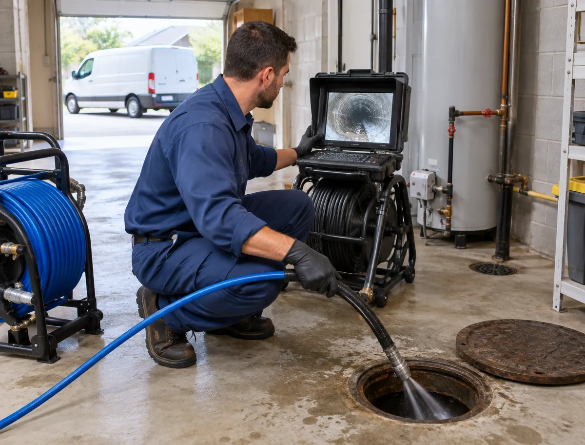 A technician crouched at an open floor cleanout, feeding a hydro jetting hose into the line while watching the pipe interior on a camera inspection monitor.