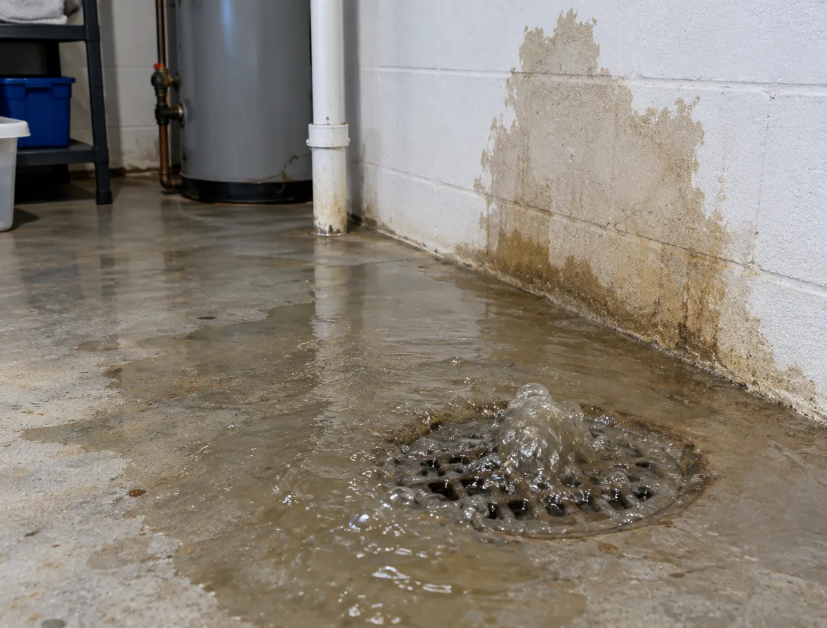 Sewage water bubbling up through a basement floor drain and spreading across the concrete, with a water-stained block wall behind it.