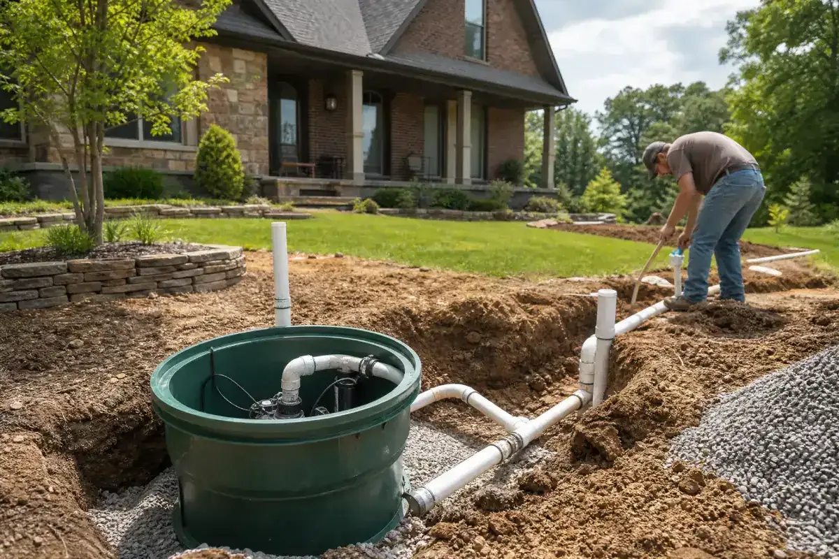 Prodigy Sewer and Drain installs a new septic system outside a brick house, showing expert service for home plumbing needs.