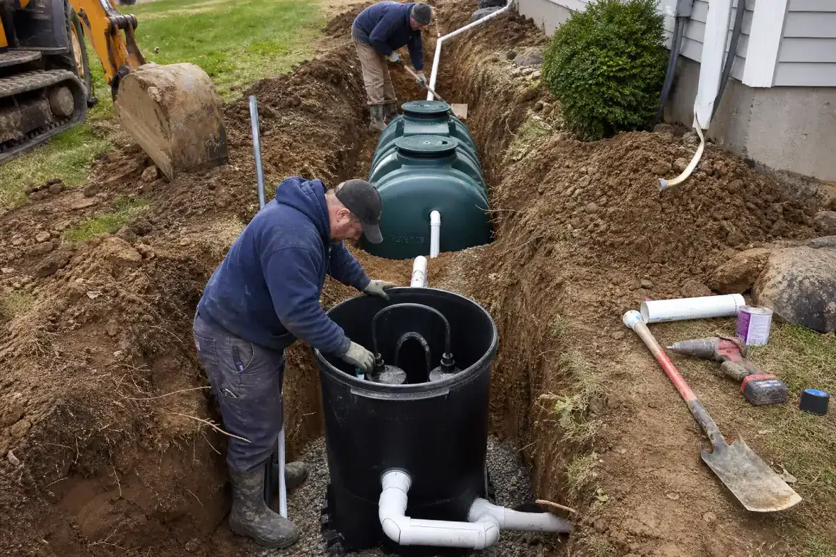 Prodigy Sewer and Drain workers install a new septic system by a house, showing teamwork and expert service.