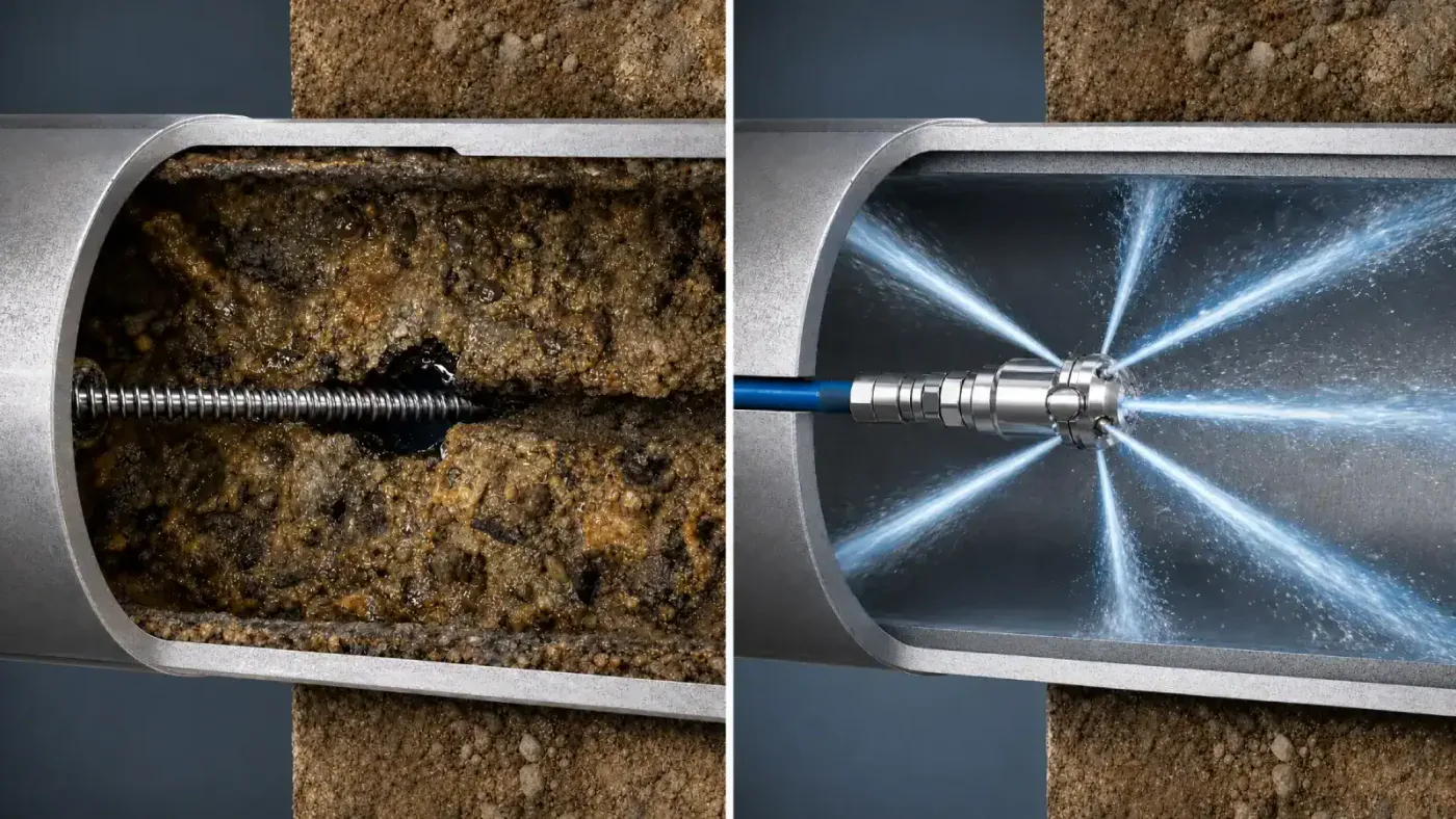 Prodigy Sewer and Drain shows how their cleaning removes heavy pipe buildup, leaving pipes smooth and water flowing easily.