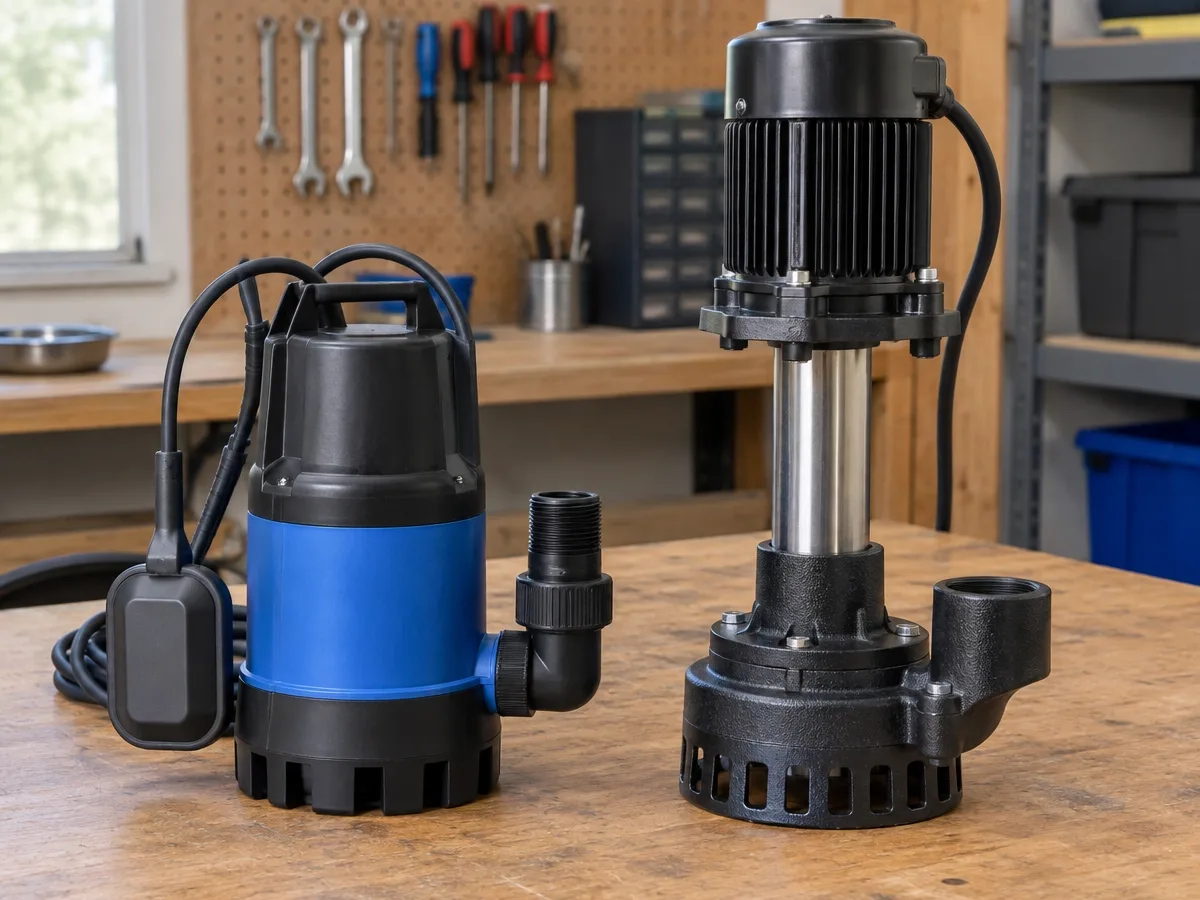Two sump pumps side by side on a workbench: a compact blue submersible with a tethered float switch, and a taller pedestal pump with its motor mounted dry on a shaft above the intake.