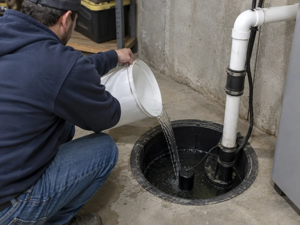 A person kneeling beside an open sump basin in a basement, pouring a bucket of water in to check that the float switch triggers the pump.