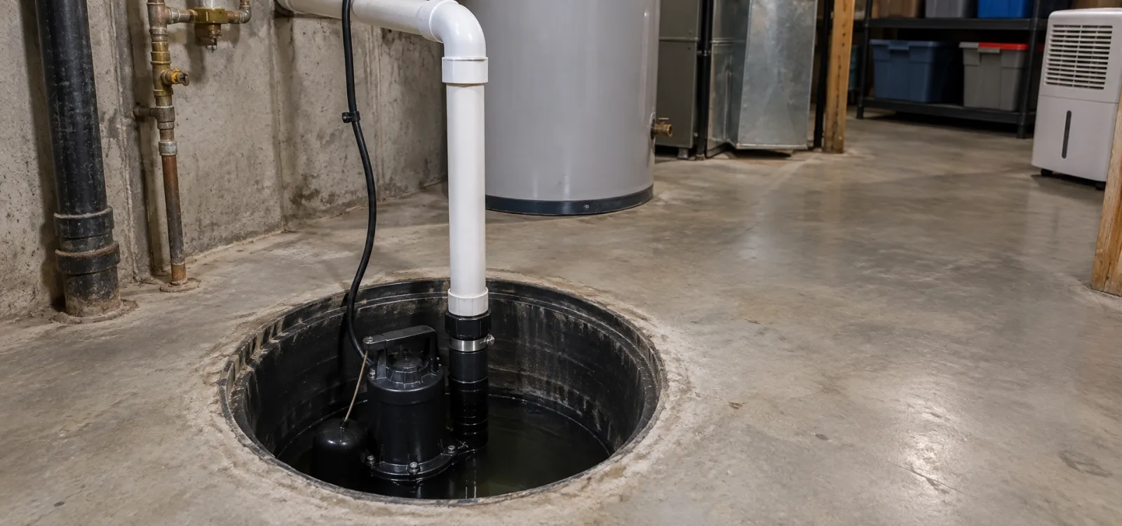 A submersible sump pump sitting in an open basin set into a basement floor, its discharge pipe running up toward the ceiling beside a water heater.