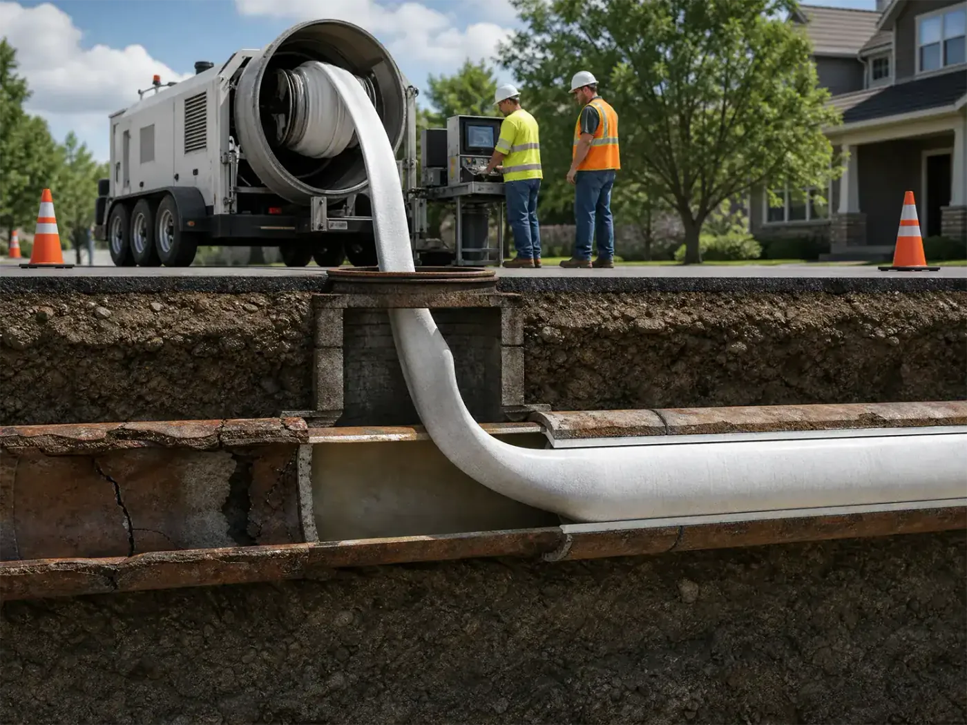 Prodigy Sewer and Drain crew repairs underground pipes using a trenchless method to fix sewers near homes.