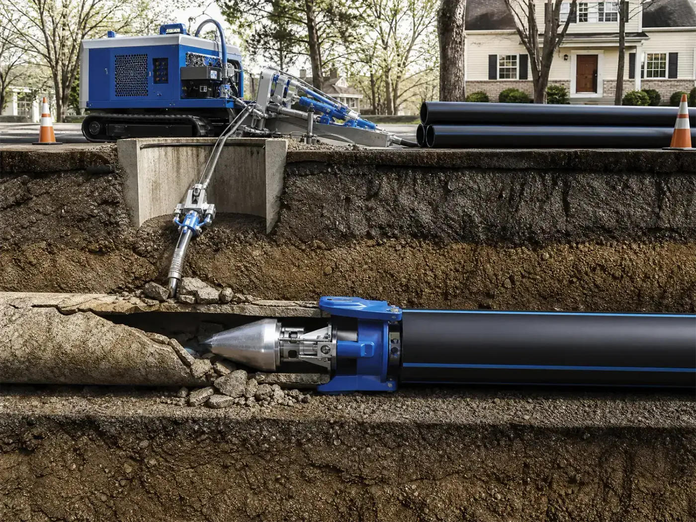 Prodigy Sewer and Drain uses trenchless pipe-bursting equipment to safely replace old pipes under city streets near homes.