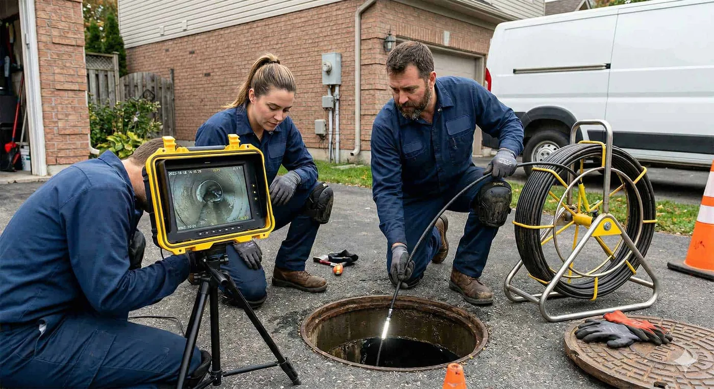 Prodigy Sewer and Drain workers check a home's sewer using a camera to ensure pipes are clear and working well.