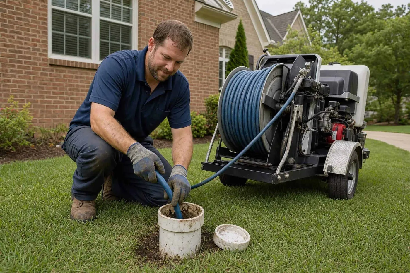 A Prodigy Sewer and Drain worker fixes an outdoor drain at a house, using a hose machine to clear a blockage.
