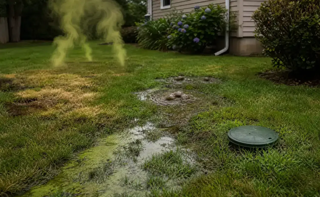 Prodigy Sewer and Drain shows signs of a septic problem in a backyard with leak evidence near the house.
