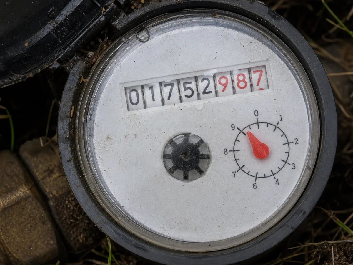 Close-up of a residential water meter dial reading 01752987, with the small red sweep hand used to spot flow when no water is being used.