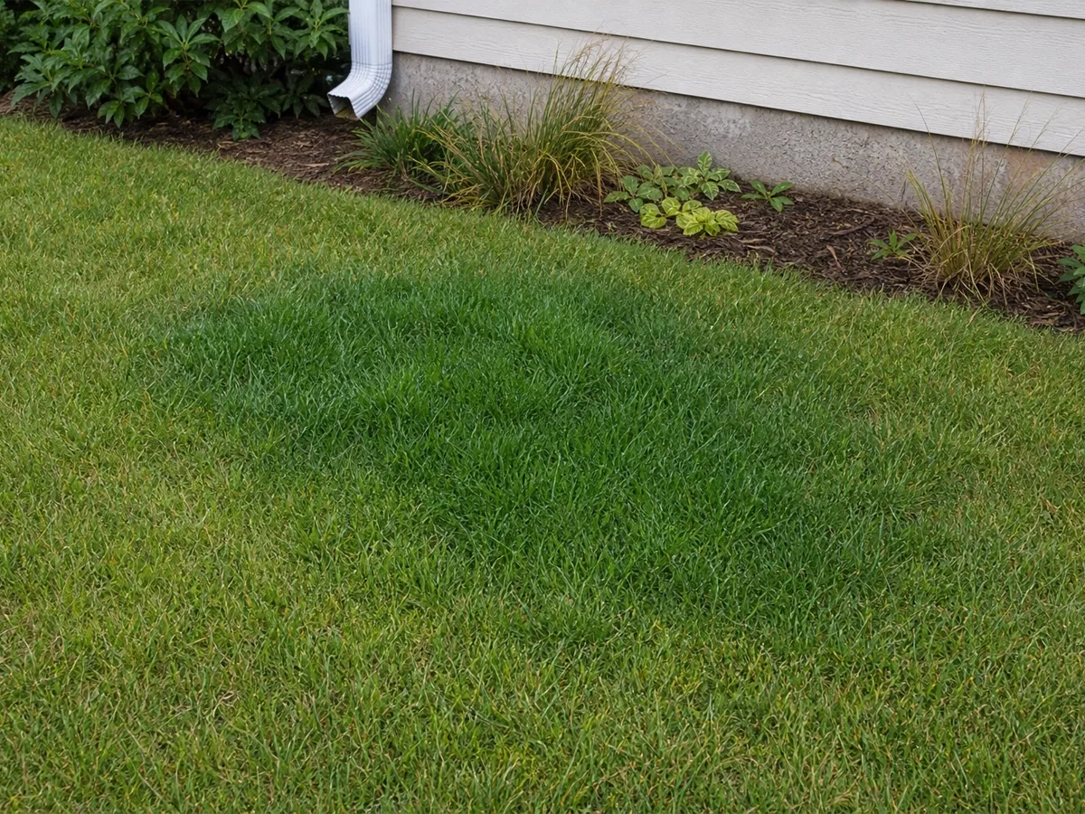 A lawn beside a house foundation with a distinctly darker, more saturated green patch spreading across it, the classic surface sign of water escaping from a line below.