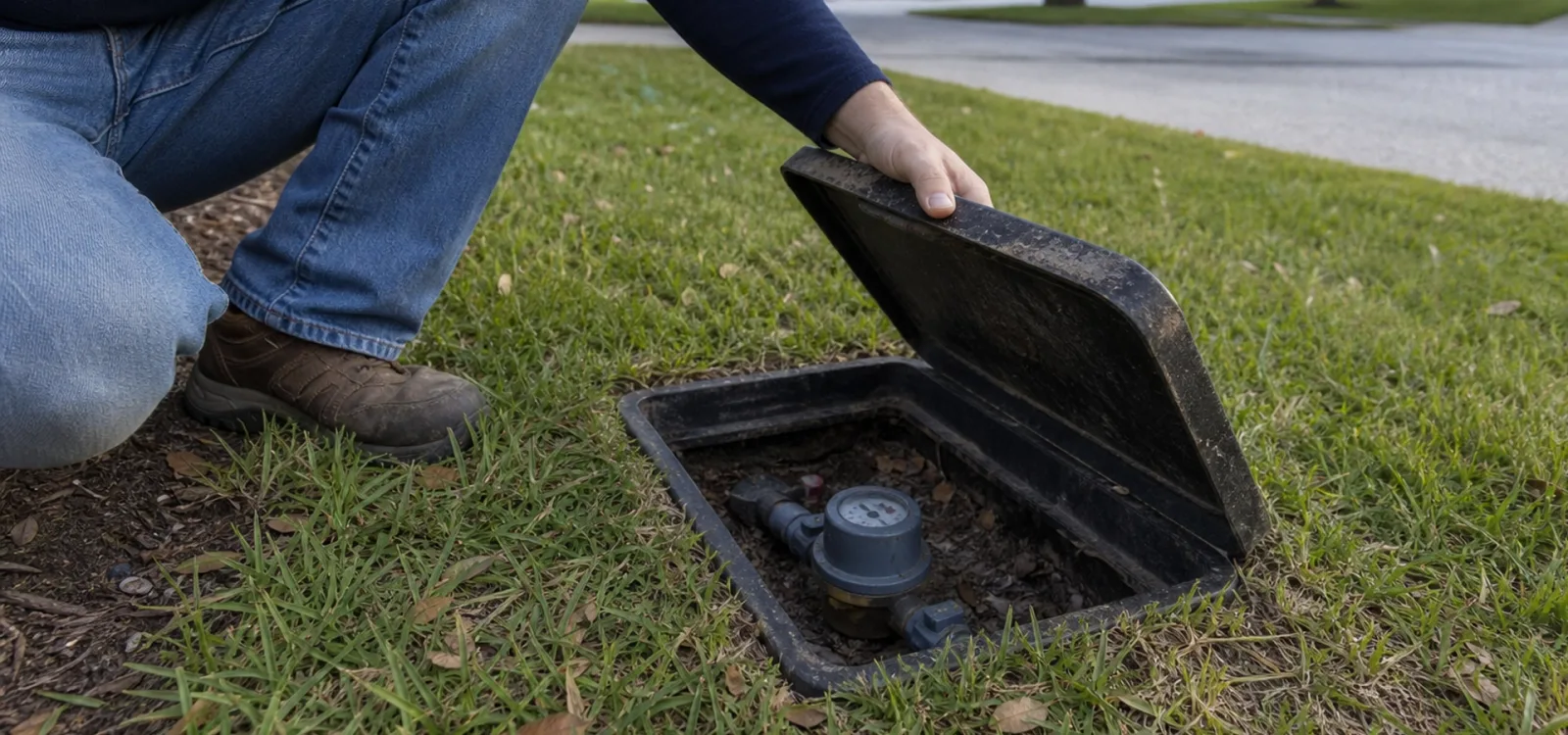 A homeowner kneeling in a front lawn to lift the lid off an in-ground water meter box, the meter visible inside.