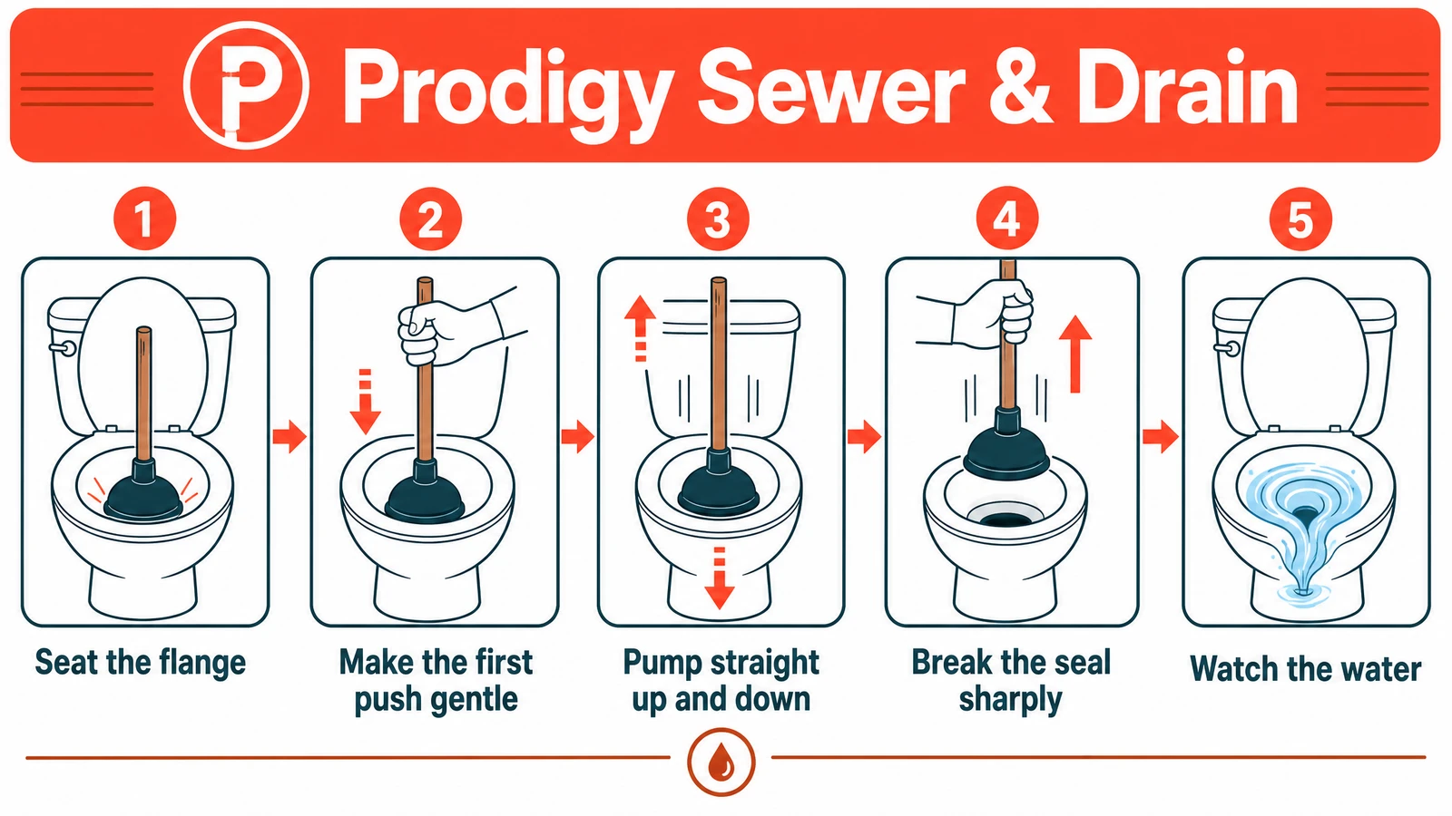 Five-step diagram showing how to seat a flange plunger, push gently, pump vertically, break the seal, and test the flush.