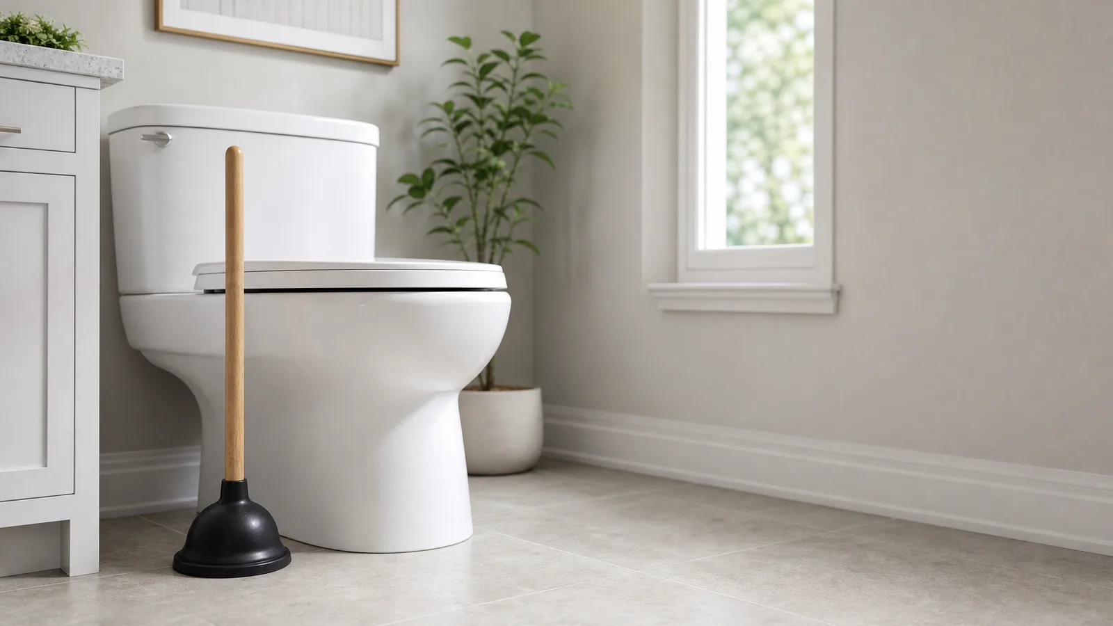 Flange plunger positioned beside a clean white toilet, the correct tool for clearing a clogged toilet
