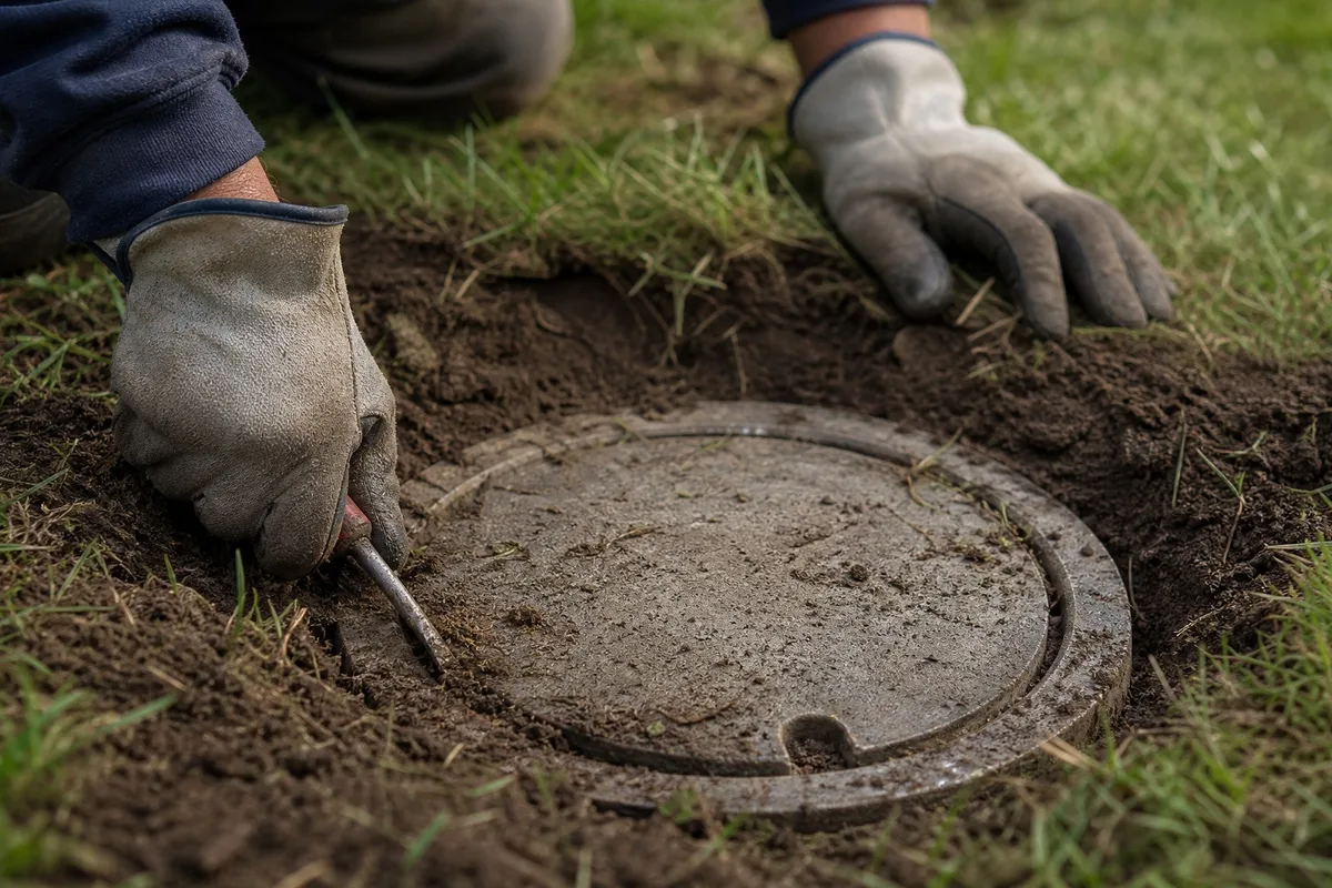 A technician wearing work gloves uncovers a buried septic tank access lid before an inspection.