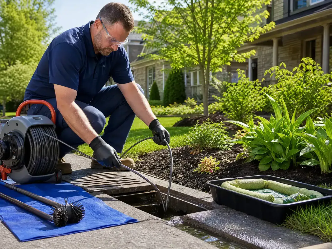 Prodigy Sewer and Drain worker safely clears a storm drain on a neighborhood street using professional equipment.