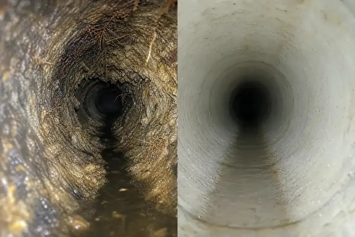 Prodigy Sewer and Drain shows a pipe before and after cleaning, comparing clogged versus clear for easy understanding.