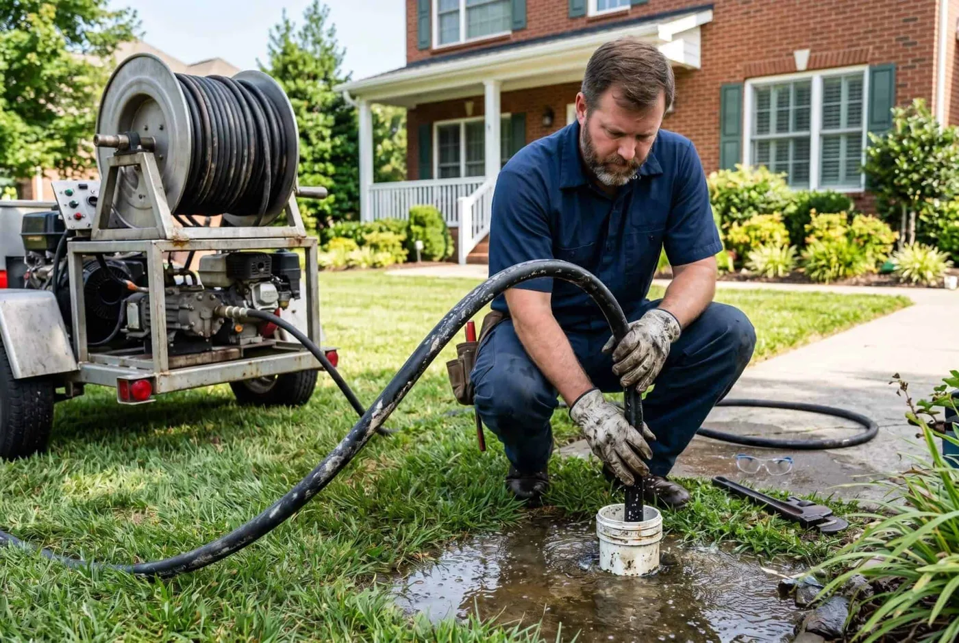 Prodigy Sewer and Drain worker clears a blocked outdoor drain, showing expert help for tough home plumbing problems.