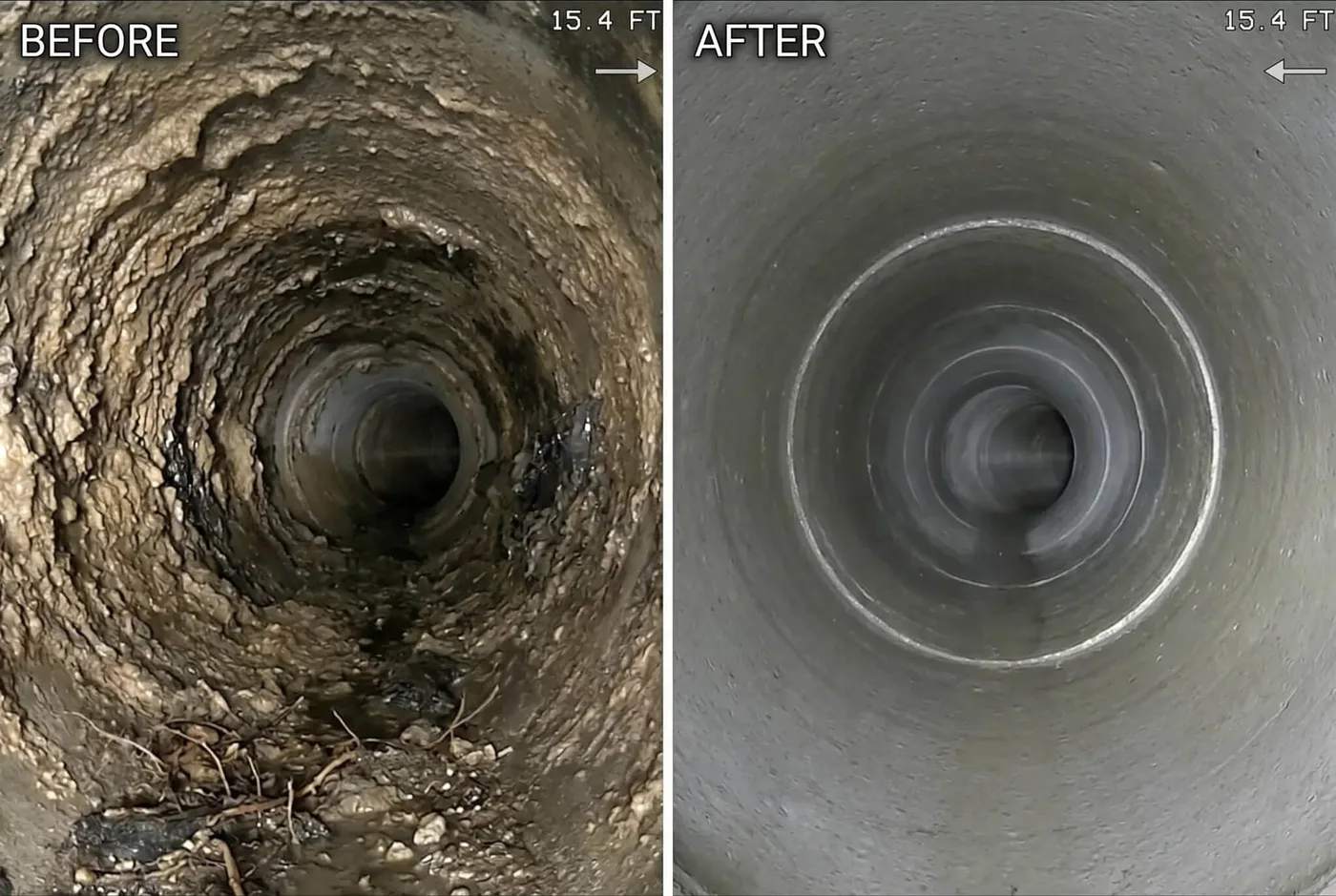 Prodigy Sewer and Drain shows how cleaning a pipe removes buildup, making water flow better by clearing clogs.