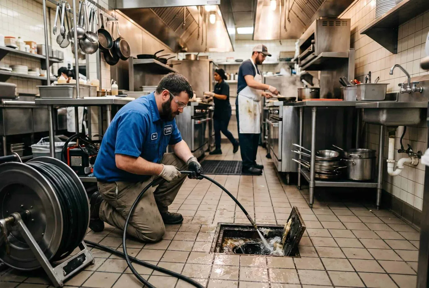 Prodigy Sewer and Drain worker cleans a kitchen drain while others cook, showing teamwork in a busy kitchen setting.
