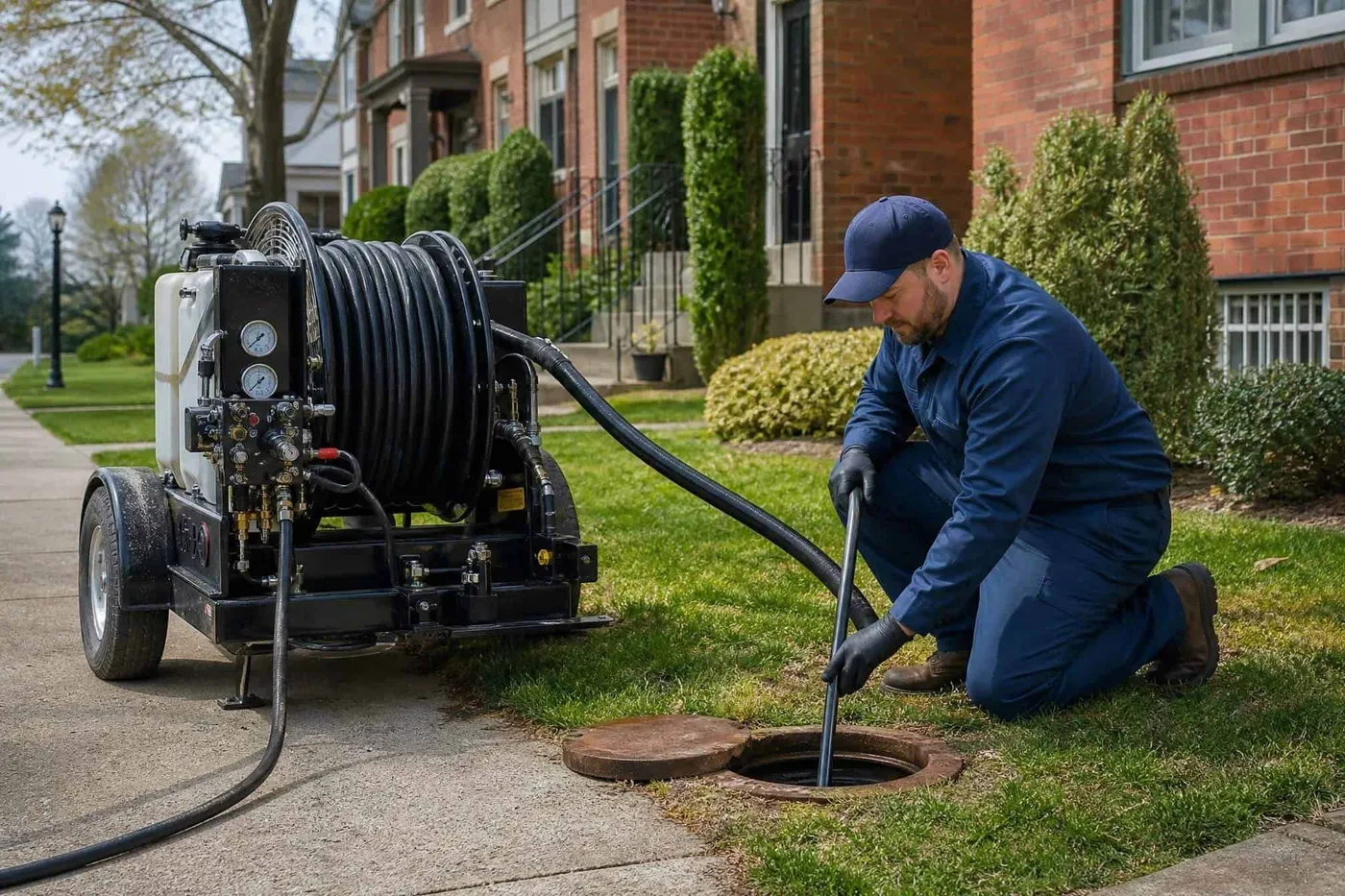 A Prodigy Sewer and Drain worker uses tools to check or clean a sewer line in a neighborhood.