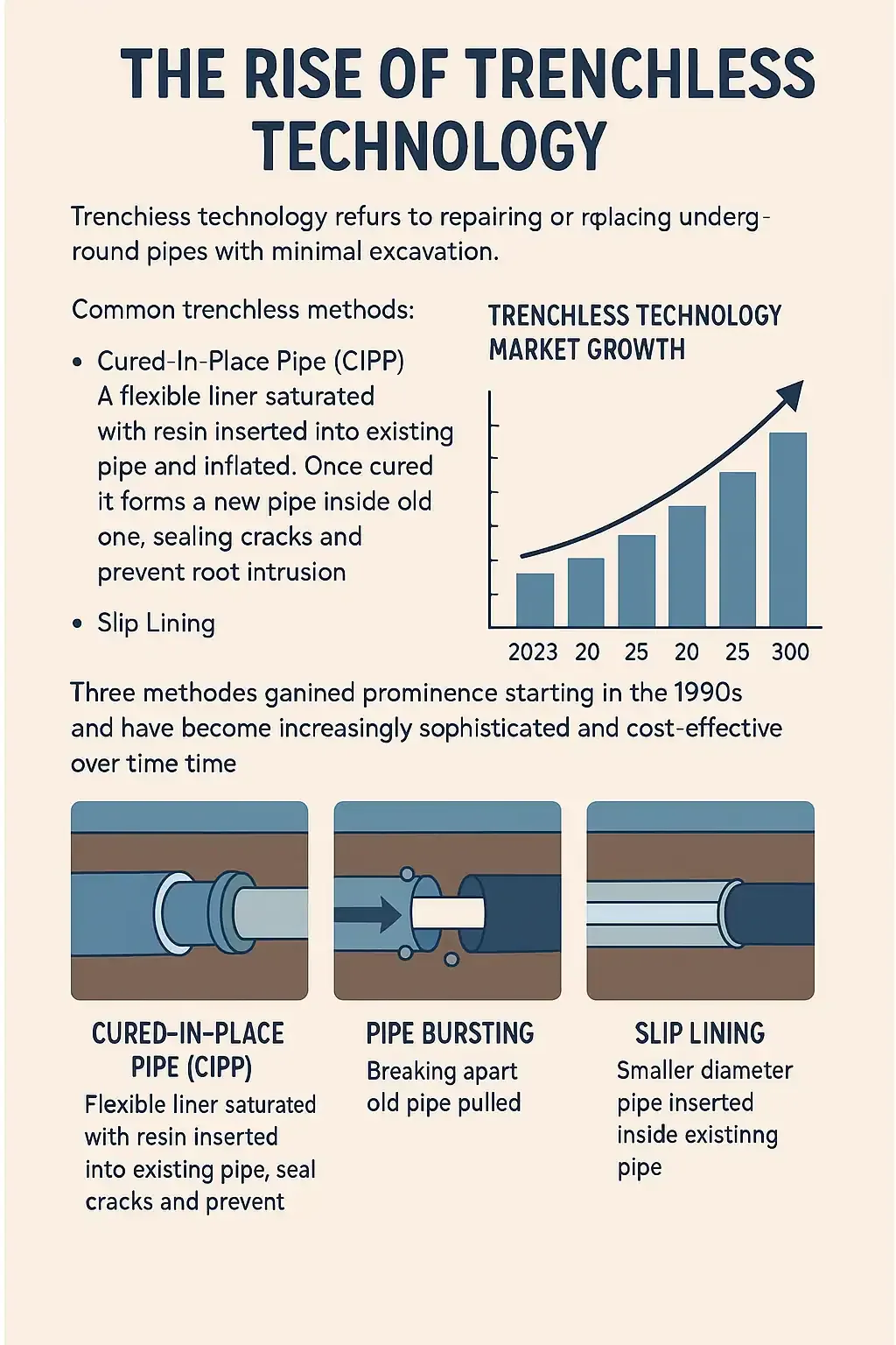 Prodigy Sewer and Drain infographic shows how trenchless tech repairs pipes and highlights its growing use through 2030.