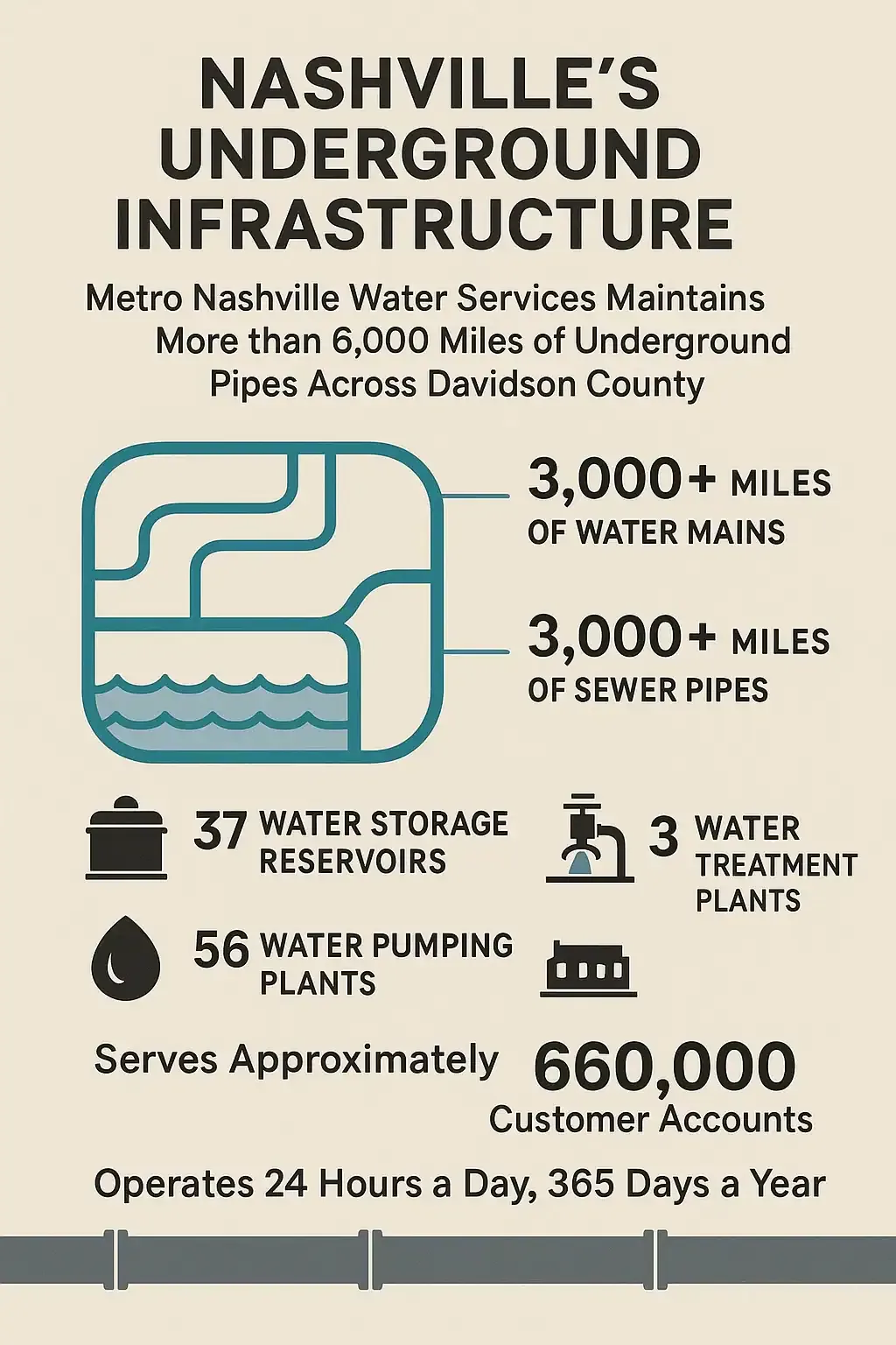 Prodigy Sewer and Drain shows how Nashville’s water system serves 660,000 homes with pipes, plants, and reservoirs.