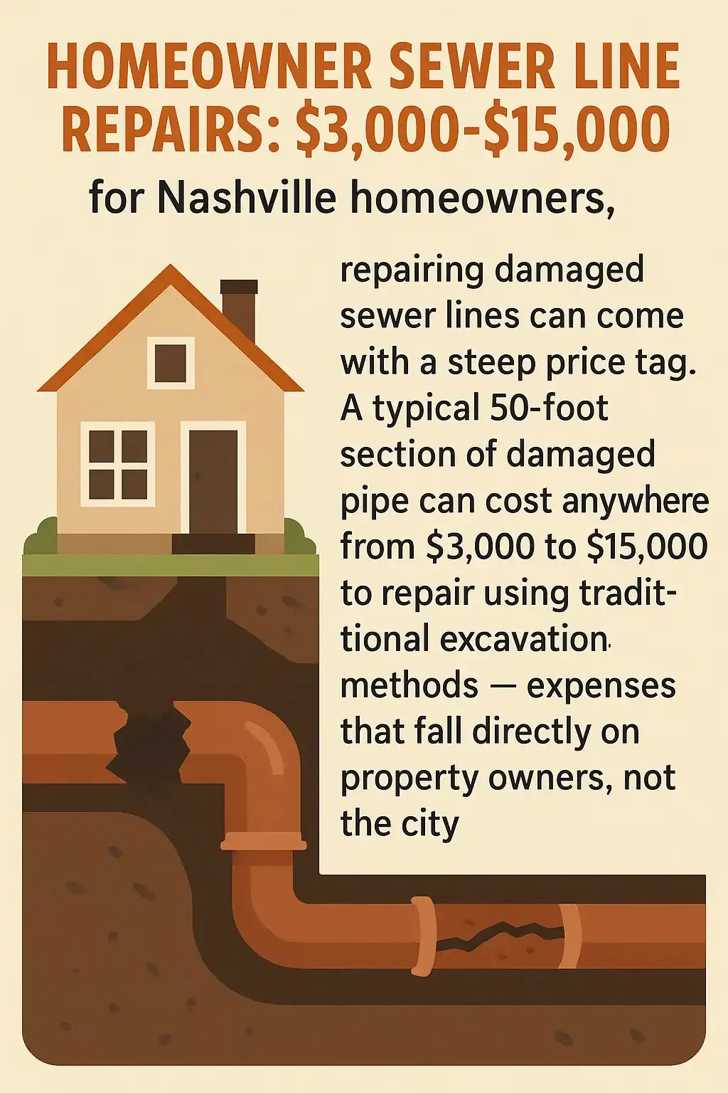 Prodigy Sewer and Drain shows Nashville homeowners may pay $3,000–$15,000 for sewer repairs not covered by the city.