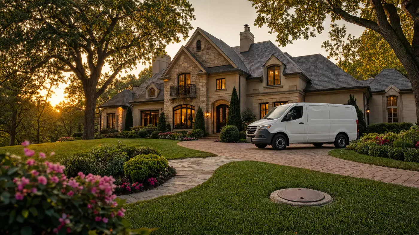 Prodigy Sewer and Drain service van ready to help customers at a beautiful home in the early evening.